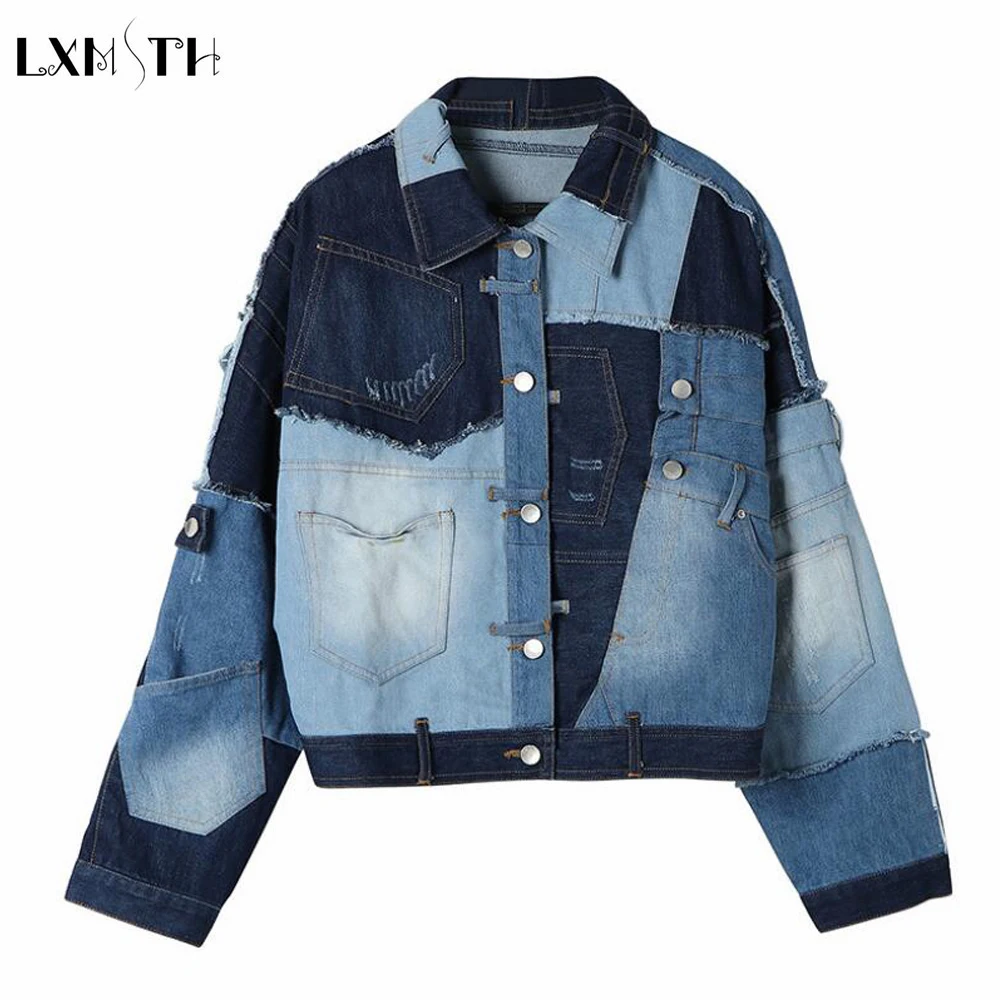 

LXMSTH New Fashion Patchwork Denim Jacket Women 2019 Spring Antumn Style Boyfriends Jeans Jackets Ladies Basic Coats Streetwear