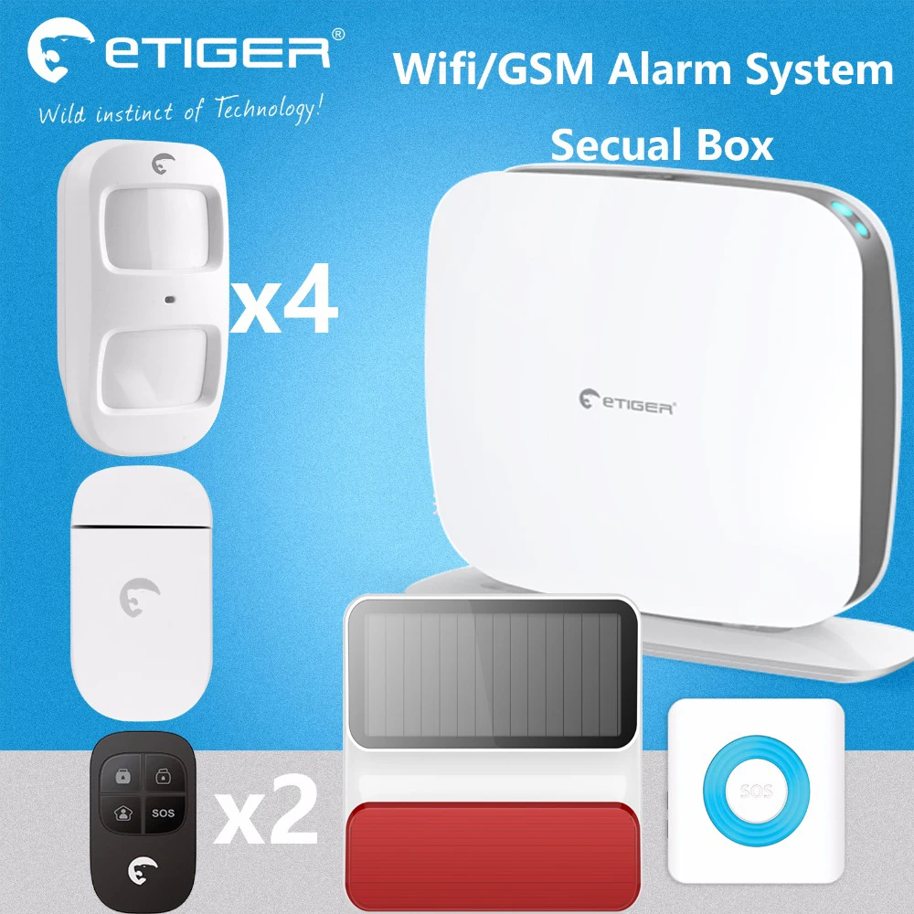 

Etiger alarm wifi security system secual box with solar alarm siren and 4 pet PIR motion sensors