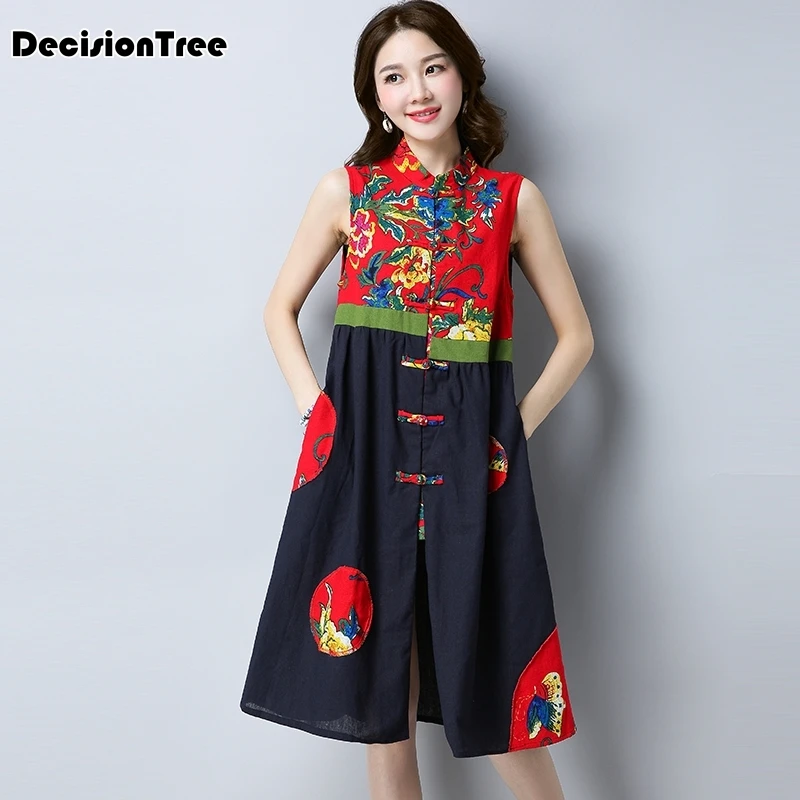 

2019 chinese traditional women chinese qipao dress cheongsam chinese style sleeveless straight cotton linen dress