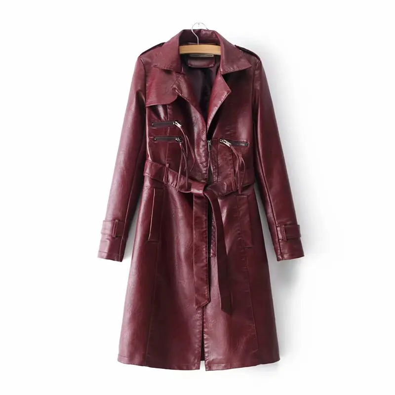 Mode Ceinture 2018 Beige Arc Casual Femmes Manteau noir Long rose Faux Nouvelle Vestes rouge Nouvelles Cuir De Survêtement SOO5RwUqx