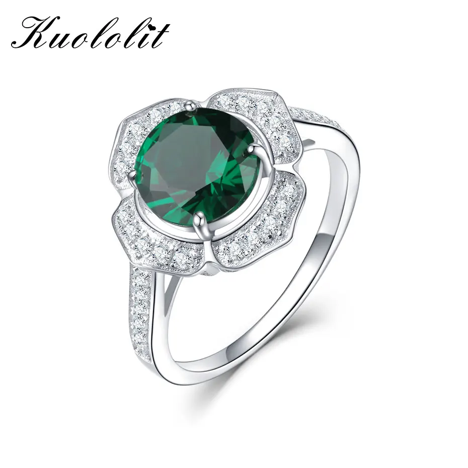 Kuolit шпинель синий сапфир женское кольцо Твердые 925 пробы серебряные кольца для женщин драгоценный камень обручальное кольцо ювелирные украшения подарок - Цвет камня: Emerald