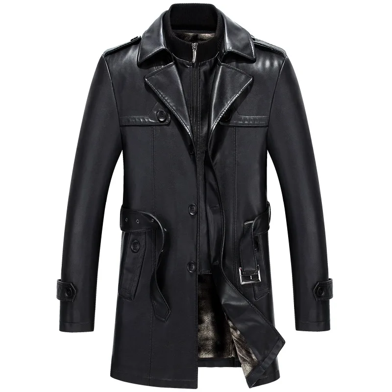 Free shiping new black sheepskin soft matte men smart casual long style leather trench thick warm coat over coat on sale men leather jacket