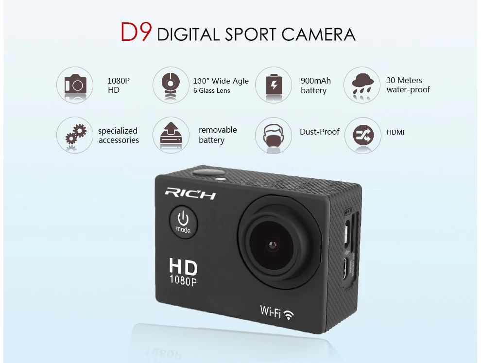 Богатая D9 Спортивная экшн-камера wifi подводная мини-камера 1080P HD 8MP Водонепроницаемая SJ Cam Спортивная камера s go pro