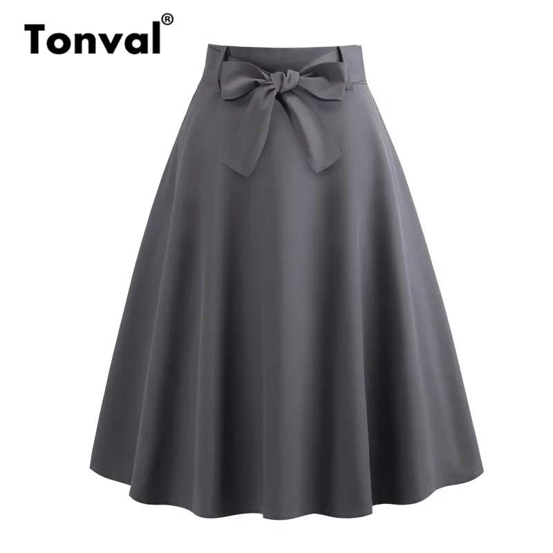 Tonval серая Повседневная элегантная юбка-трапеция с бантом спереди на молнии сзади с поясом, юбки для школьниц, женская летняя юбка средней длины