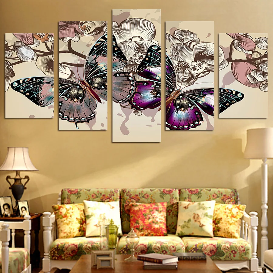 Drop Shipping HD Printed 5 piece canvas art abstract flower butterfly