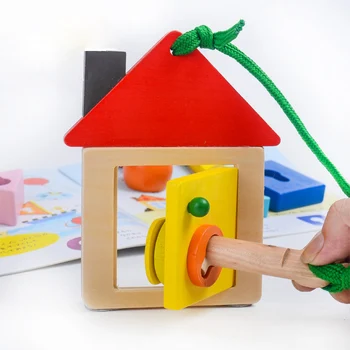 

Candice guo wooden toy wood Montessori teaching kid open door lock principle shape block baby string bead game bedtime story set