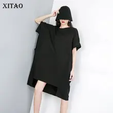 XITAO лоскутное необычное черное платье с почек женское платье с круглым вырезом плюс размер карман Половина рукава уличная индивидуальность летнее платье WLD1135