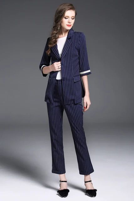 Office Ladies Work Wear Pant Set Half Sleeve Striped Womens Business ...