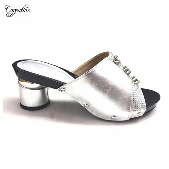 

Hot sale high heel round heel party slip-on pump shoes with stones for fashion lady CFS8 in silver