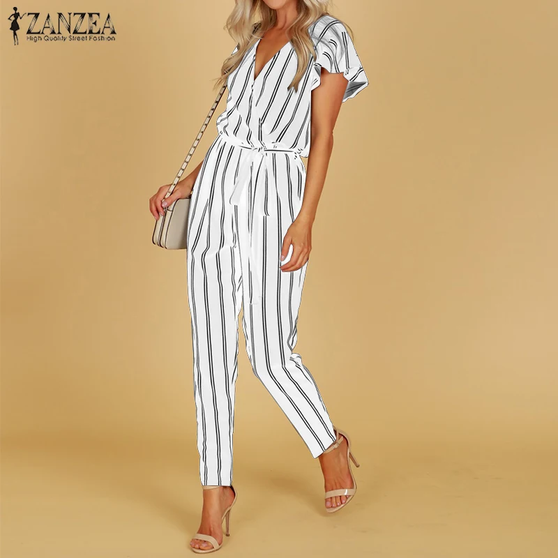 S 5XL ZANZEA 2020 Summer Sexy Deep V Neck Party Jumpsuit Women High Waist Striped Overalls Short Sleeve Long Turnip Bodysuit S 5XL ZANZEA 2020 Summer Sexy Deep V Neck Party Jumpsuit Women High Waist Striped Overalls Short Sleeve Long Turnip Bodysuit