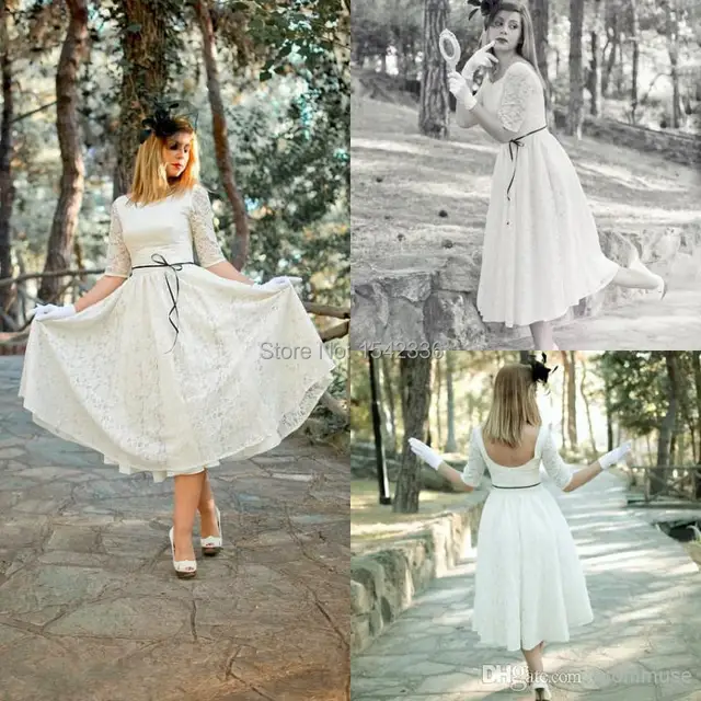 Cream Lace Tea Length Dress