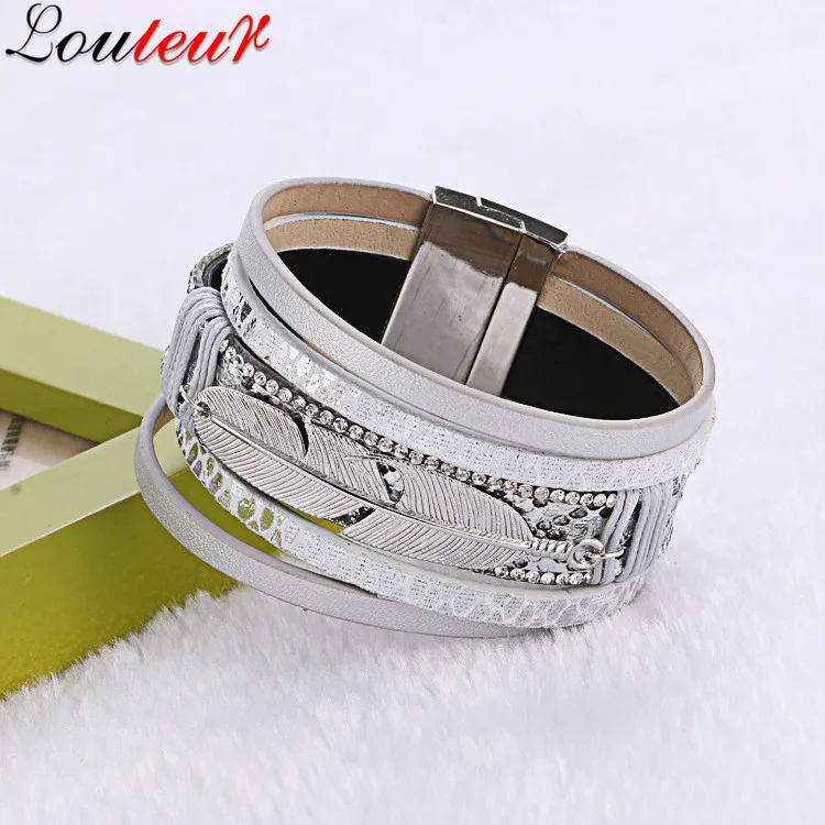 LOULEUR многослойный кожаный браслет для мужчин и женщин браслет с серебряным цветом браслет с подвеской в виде пера женские ювелирные изделия - Окраска металла: Silver