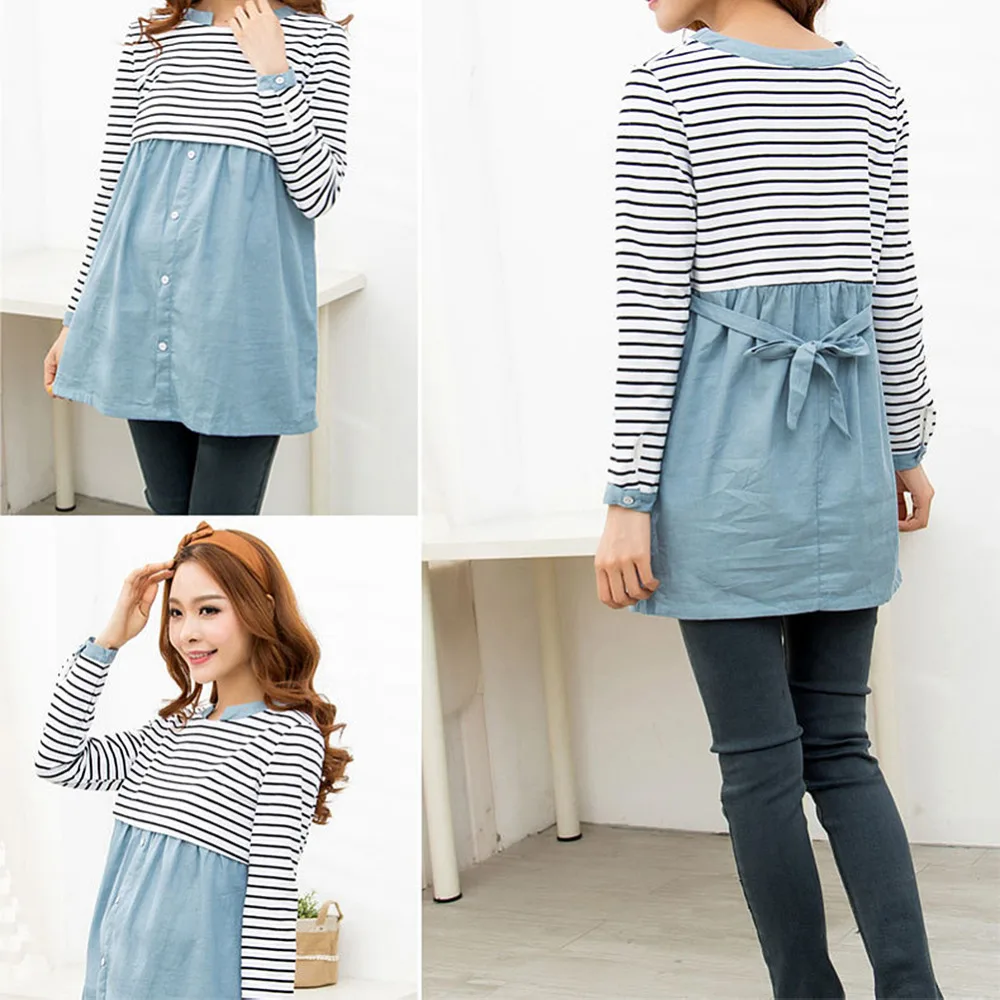 Fashion Spring Maternity Clothes Patchwork Long Sleeve Nursing T-Shirts For Pregnant Women Striped Casual Breastfeeding Tops