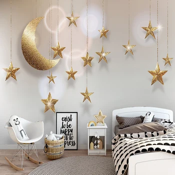 

3D Wallpaper Modern Stereo Golden Stars Moon Creative Mural Wall Cloth Children Kids Bedroom Background Wallpapers For Walls 3 d