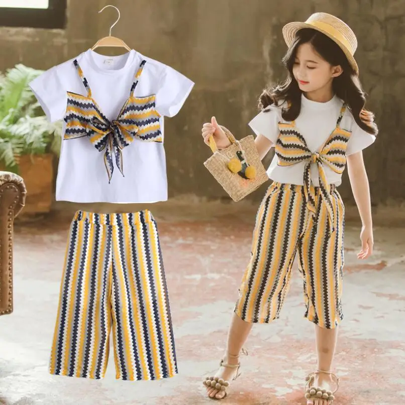 

Age 4-12 Year 2019 Summer Beach Girls Clothing Sets Baby Toddler Teenage Children Clothes Set Kids T-Shirts + Pants 2 Piece Suit