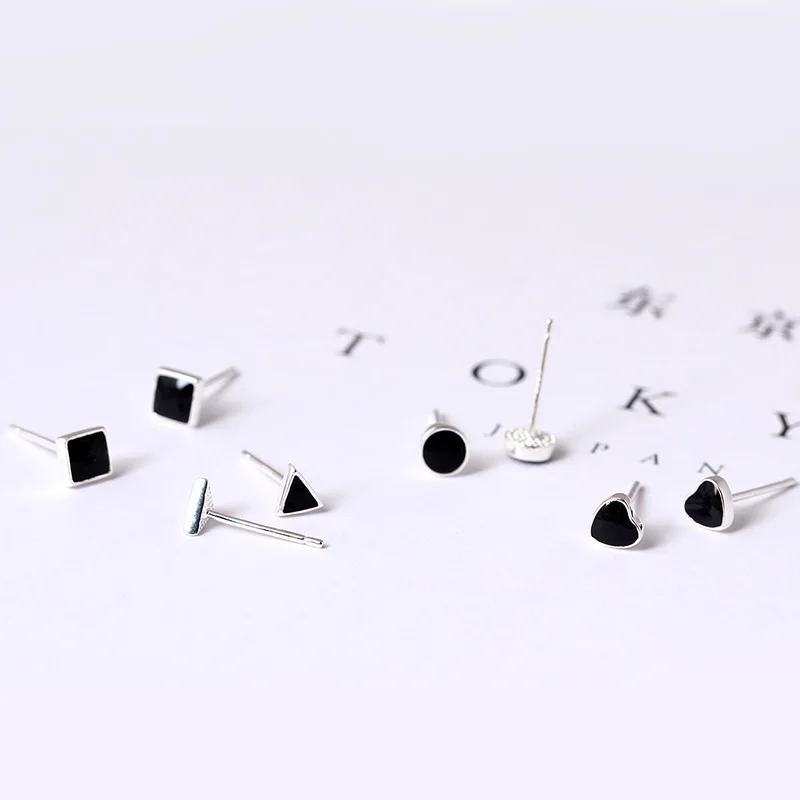 black heart triangle square round geometric earring 100% 925 Sterling silver Jewelry fashion Hypoallergenic Stud earrings gift