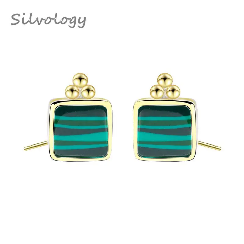 

Silvology Round Bead Square Malachite Earrings 925 Sterling Silver Fashionable Stud Earrings For Women 2019 Summer Jewelry Gift
