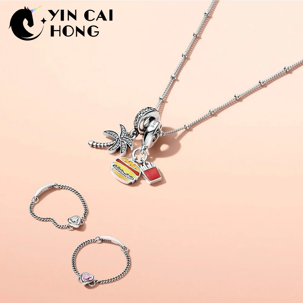 

YCH 100% 925 Sterling Silver SPIRITED HEART RING PALM TREE HANGING CHARM Burger Fries Mixed Burger Pendant Necklace Set