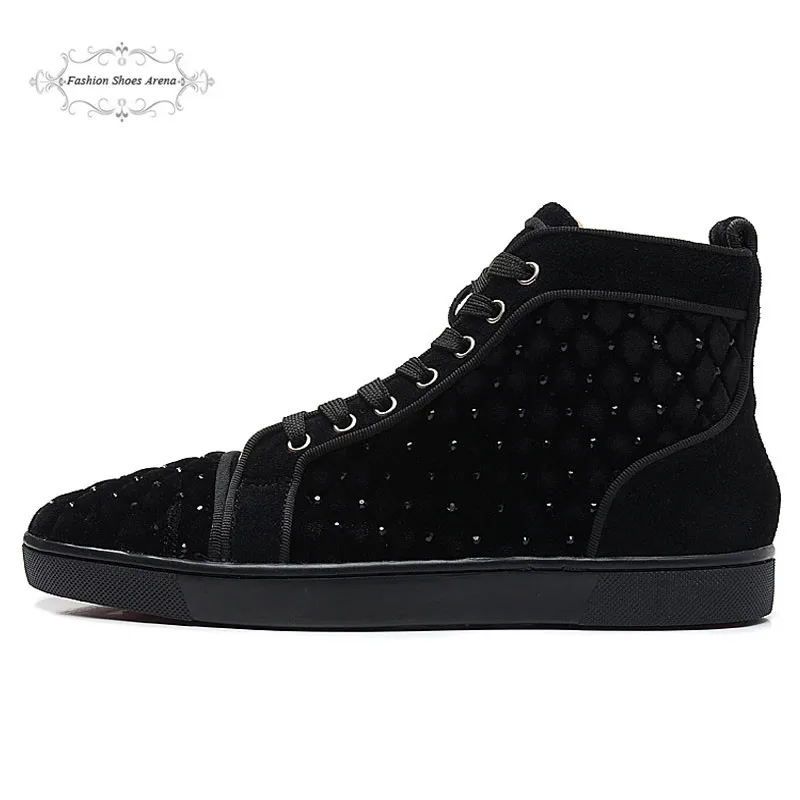 

New Arrive Men Women Black Flock With Rhinestone High Top Lace Up Red Bottom Casual Shoes, Unisex Luxury Brand New EU Sole Flats