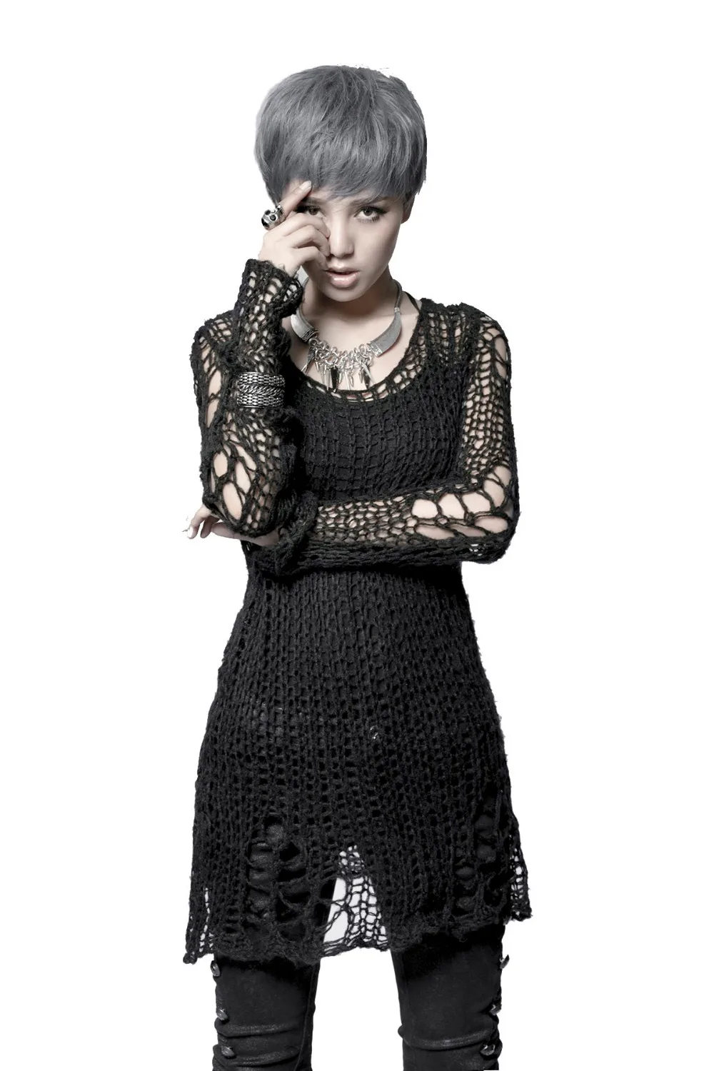 

Fashion Black Holes Pullovers Punk Sweater for Women Sexy Long Sleeves Casual Pullover Computer Knitting Femme Sweaters