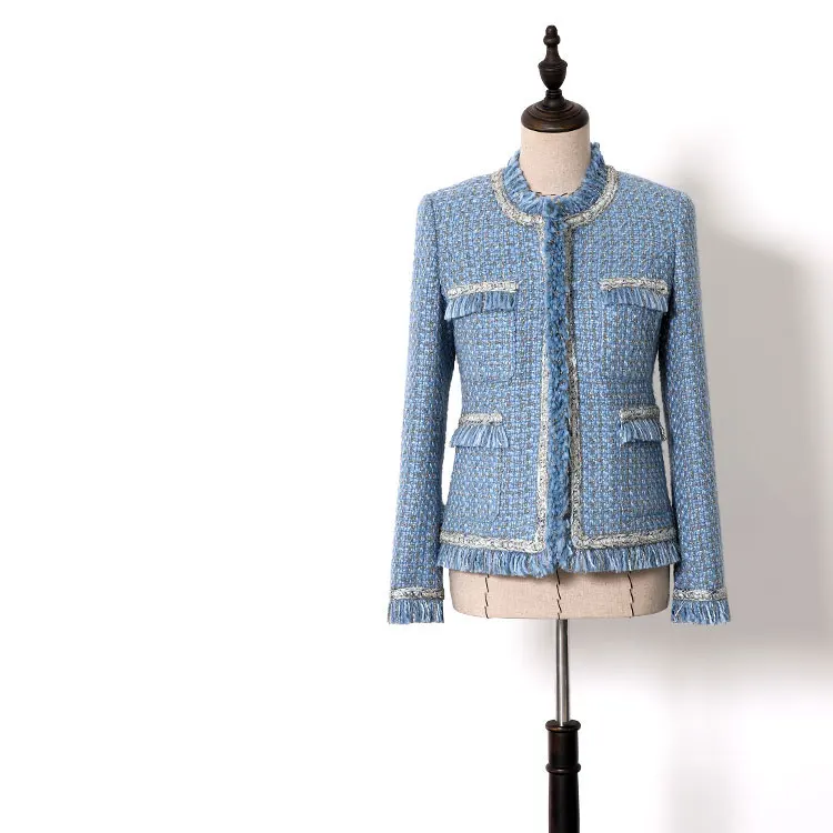 

New WT0033 Haze Blue Wool Wool Coarse tweed version Short Coat