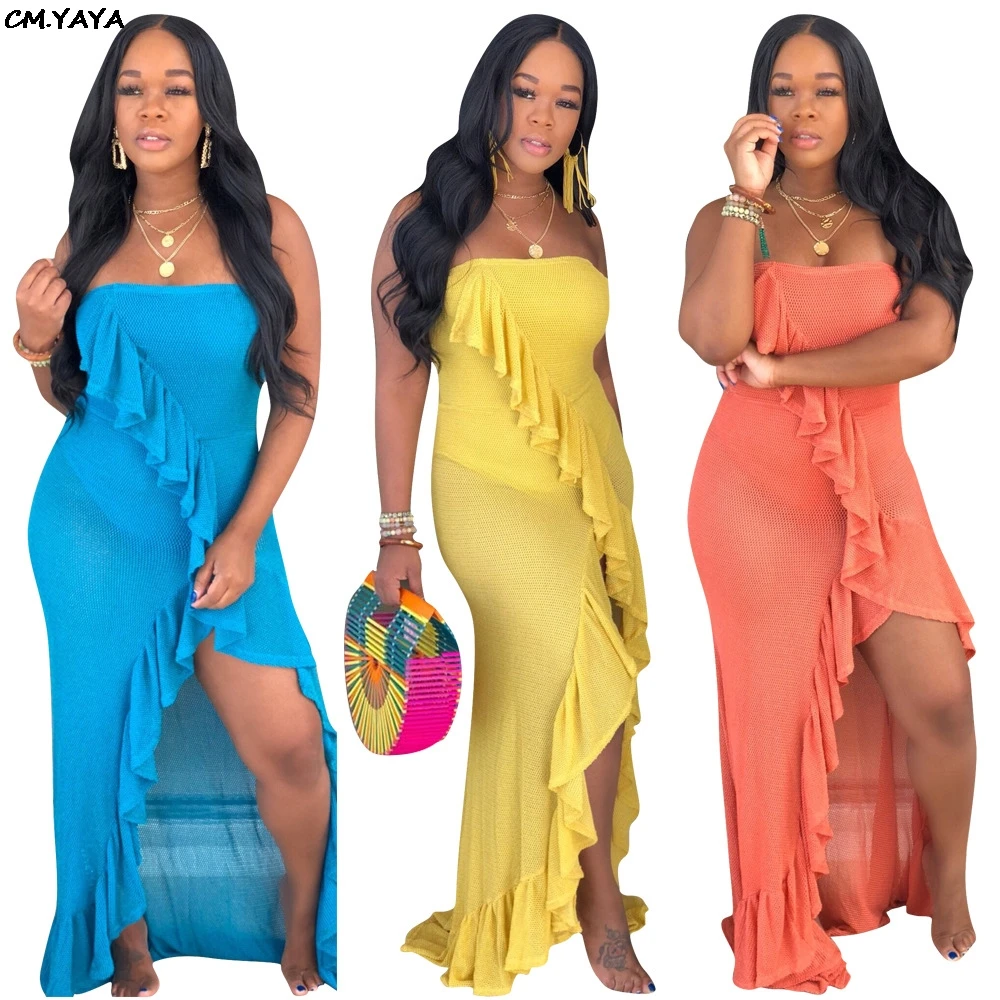 

2019 women summer ruffles splicing strapless mesh see though irregular splicing sexy party club night midi maxi dress GLH1178