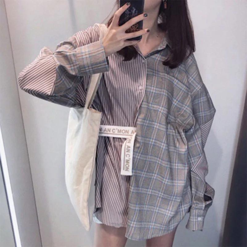 

Women's Plaid O-neck Long Sleeve Shirts Blouses Patchwork Striped Oversize Loose Top Girl 2019 Summer Fashion Tops Female