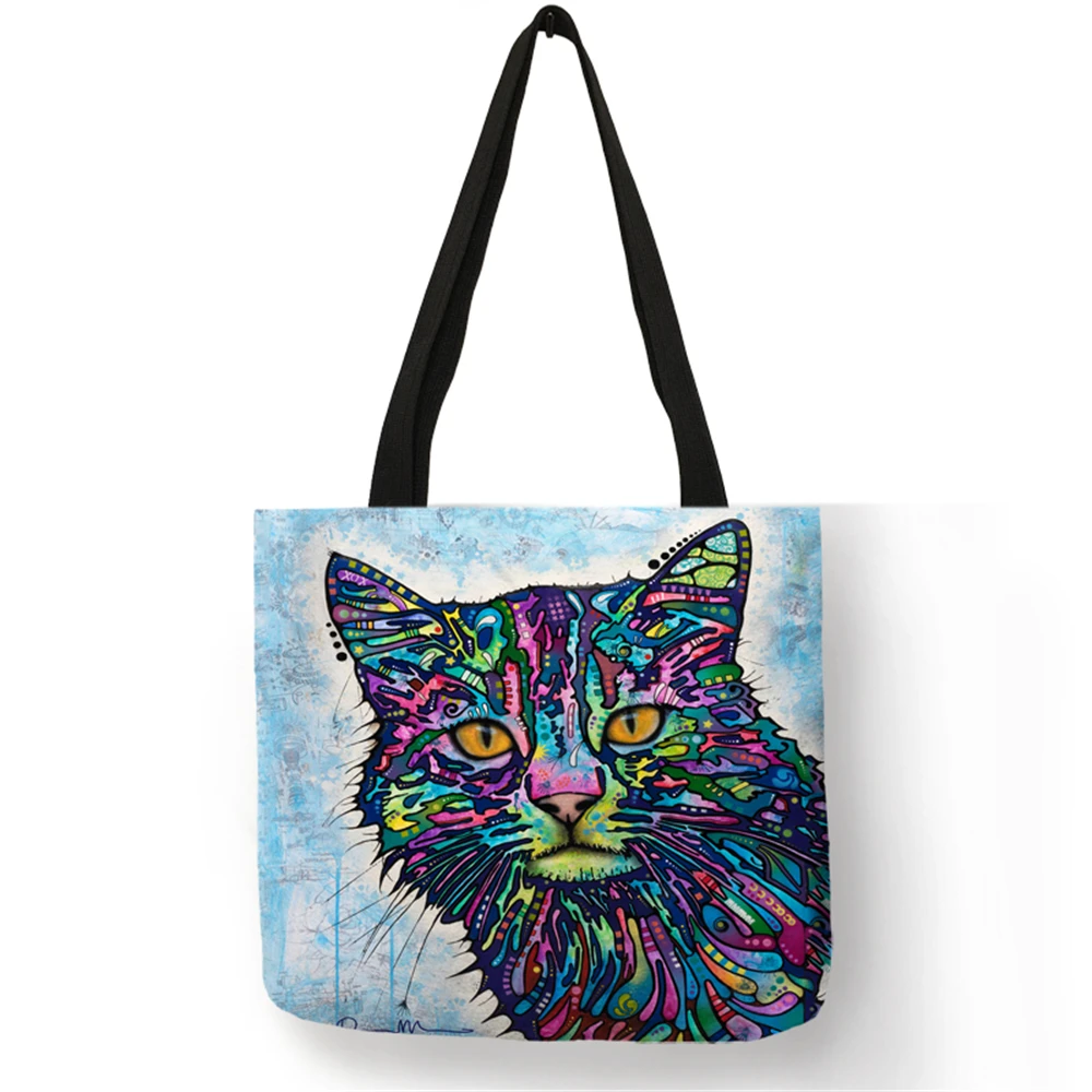 women's business bags Colorful Cat Oil Painting Tote Bag With Customized Print Women Fashion Linen Handbags Reusable Shopping Bags Traveling School genuine leather crossbody bags
