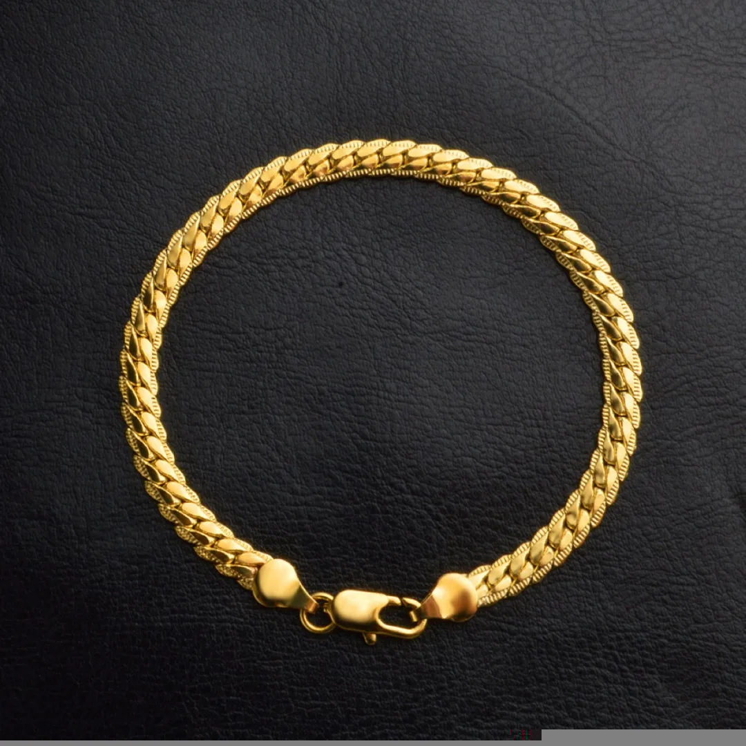 Men Flat Snake Bone 18K Gold Plated Curb Chain Fashion Bangle Bracelet