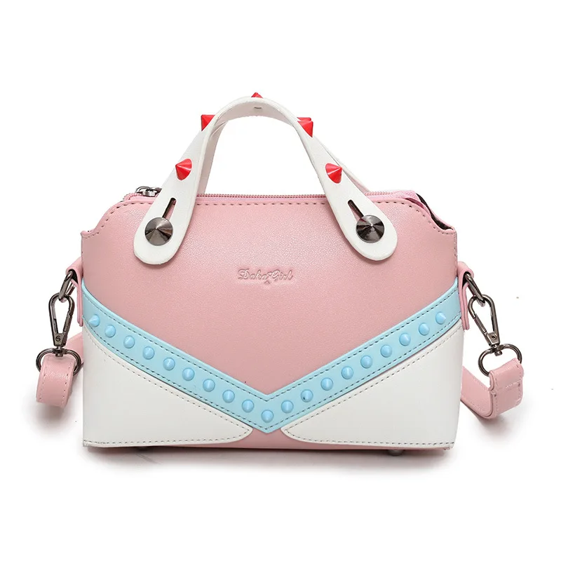 

WITFLASH Candy Panelled Woman Boston Bag Pillow Type Rivet Tote Bags Pink Zipper PU Leather Shoulder Bag