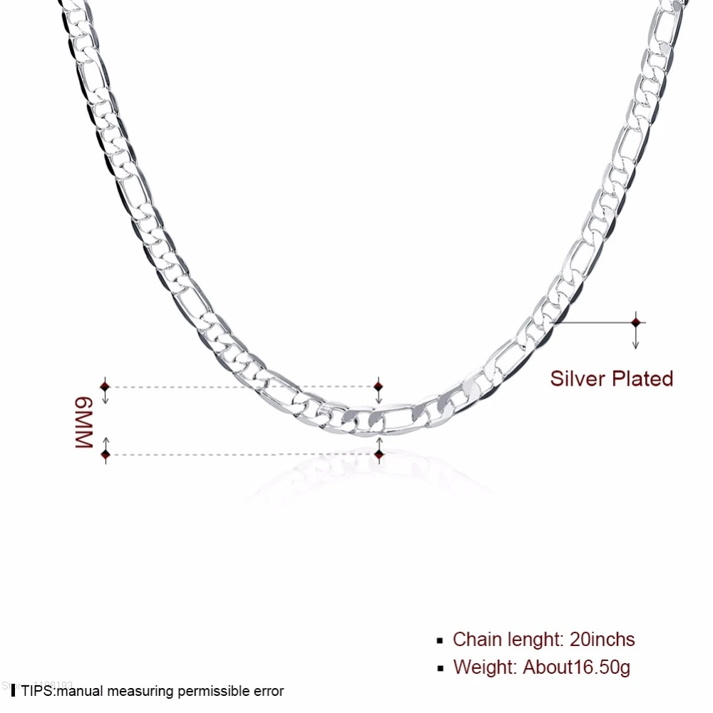 Новинка Высокое качество 925 штампованные посеребренные 6 мм плоские Фигаро цепи мужские ожерелье воротник de Prata для мужчин 20 дюймов