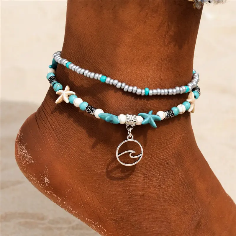 Винтажный Браслет на ногу для женщин с бусинами в виде морской черепахи, морской звезды, многослойный браслет на ногу, богемное ювелирное изделие ручной работы - Окраска металла: F163
