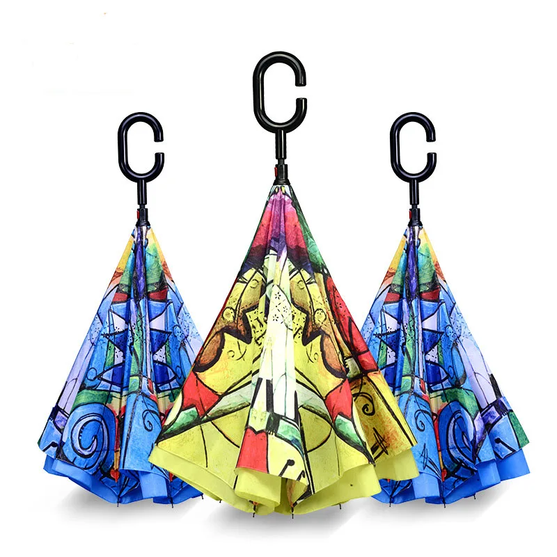 

Reverse Umbrellas Folding Double Layer Inverted C Hand Holder Stand Rain Windproof Rolling Over Umbrella For Women