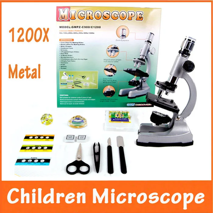 

10X-20X Zoom Eyepiece Magnification 1200X Illuminated Child Metal Student Monocular Toy Microscope with Specimen for Children