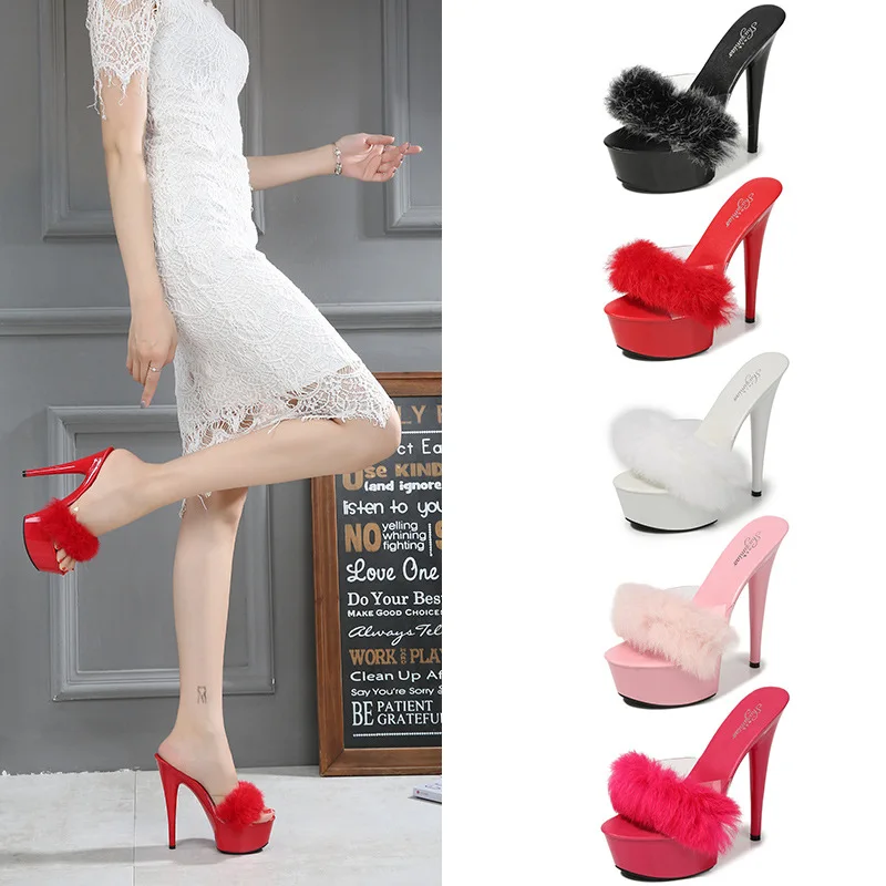 

Summer Rabbit Fur Transparent Crystal Heels Slingback Sandals Woman 15 Cm Sexy High Heels Platform Shoes Sandalias Nightclub