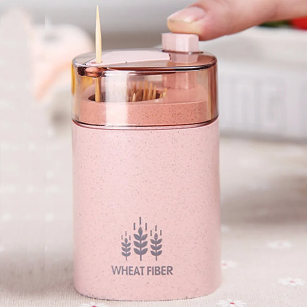 Toothpick Holders Wheat Straw Portable Hand Press Toothpick Box Dinning Room Toothpick Can Storage Box Organizer