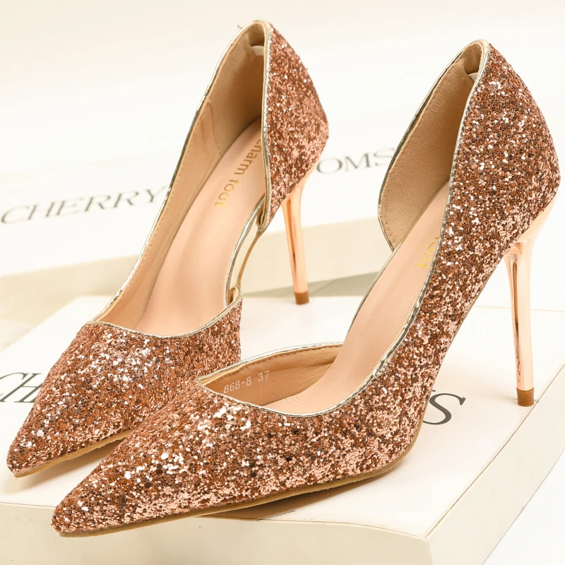 

XZ003 Spring Autumn Women Pumps High Thin Heel Pointed Toe Sexy Bling Bridal Wedding Party Women Shoes Gold High Heel Lady Shoes