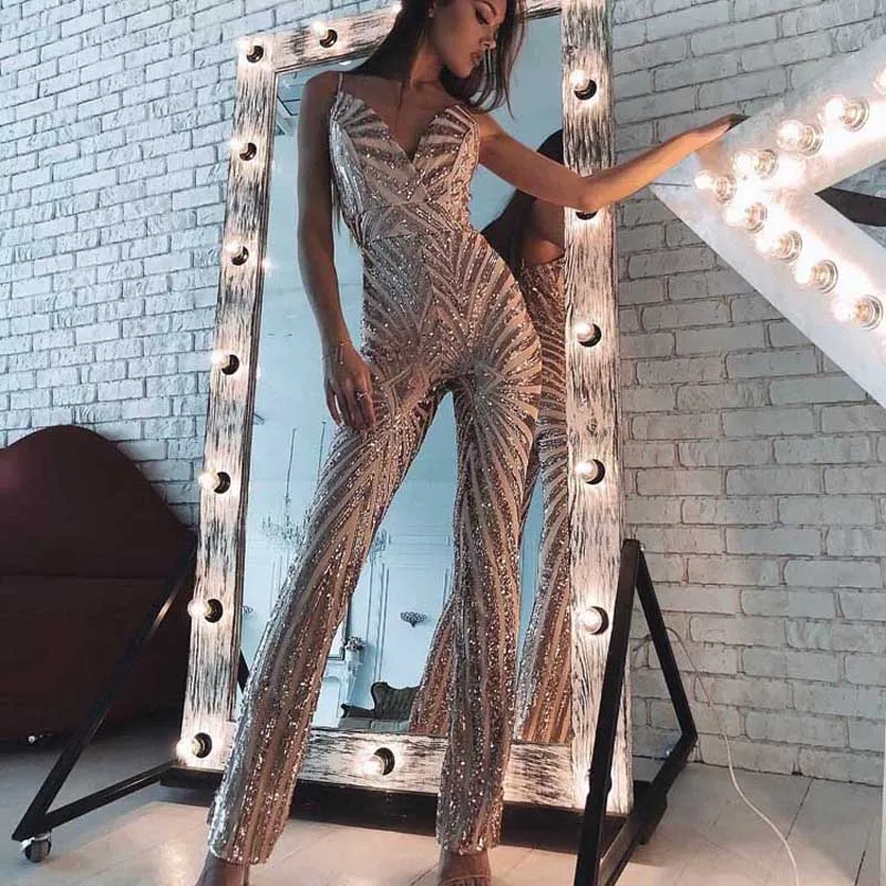 

ERDAOBEN Sleeveless Striped Multicolor Sequin Jumpsuit Clubwears Patchwork Women New Sexy Celebrity Party Jumpsuits H5661
