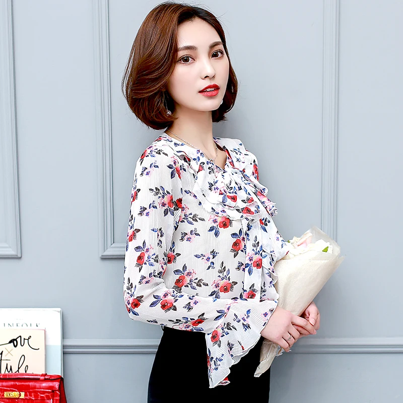 2018 New Casual Spring Women Shirt Long Sleeve Ruffled Collar Chiffon Blouse Fashion Printing Female Tops Women's Clothing |