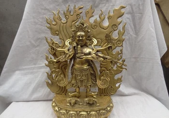 

USPS to USA S1516 15" China Brass Buddhism Joss Tibet 6 Arms Mahakala Buddha Set Statue Sculpture
