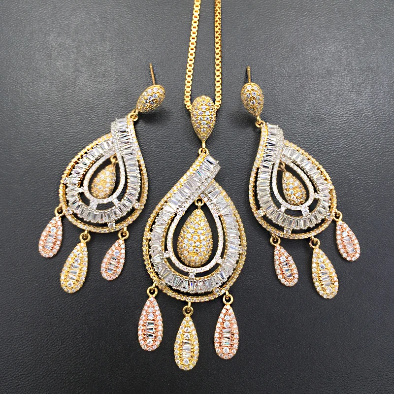

LanRuiSha Jewelry Set Distinctive Ethnic Hollow Drop Dangle Zircon Micro Plated Necklace with Earrings Wedding Bridal Best Gifts