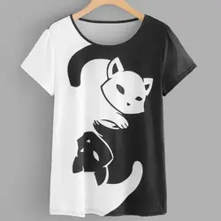 2019 Новый Для женщин летние футболки черный, Белый Цвет Лоскутная кошка принт хлопок дамы футболка Повседневное спортивные топы сорочка femme