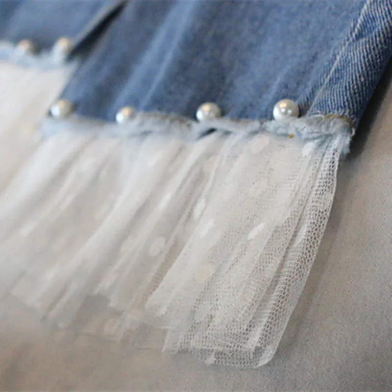 2019 Children Girl Skirts New Fashion High Quality Spring Kids Denim Jeans Lace Mesh Pearl Patchwork Princess Skirt For 2-7Yrs