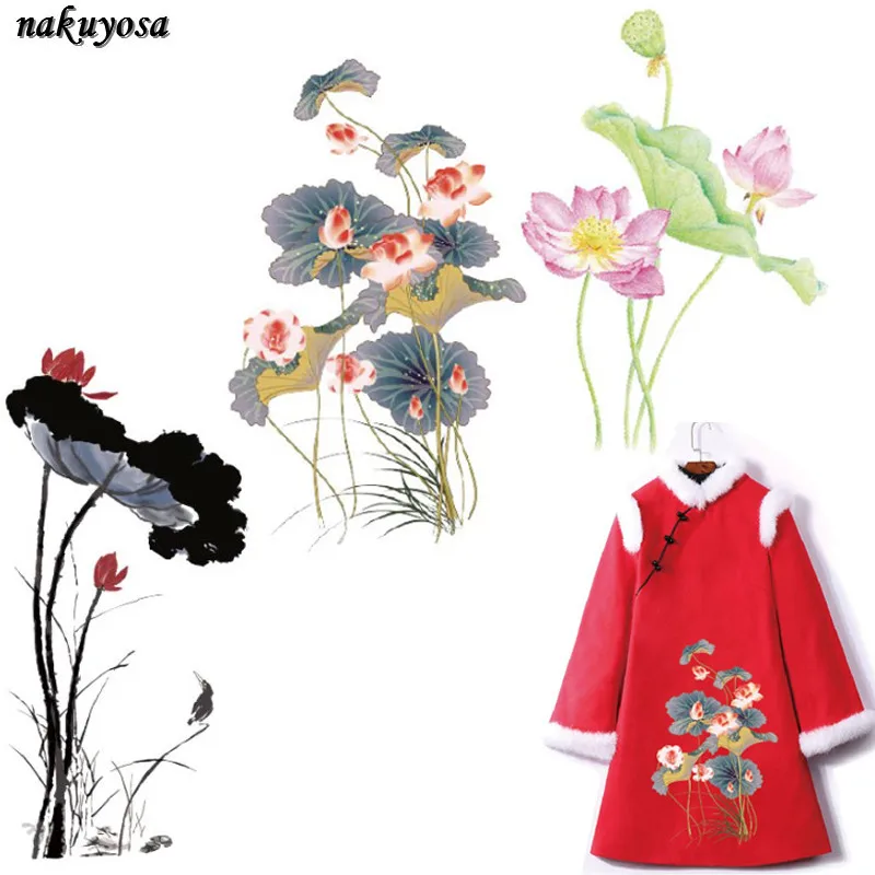 

Ink painting Chinese style lotus Patches Applications Iron on Heat Transfer Applique on Clothes Thermo diy Stickers
