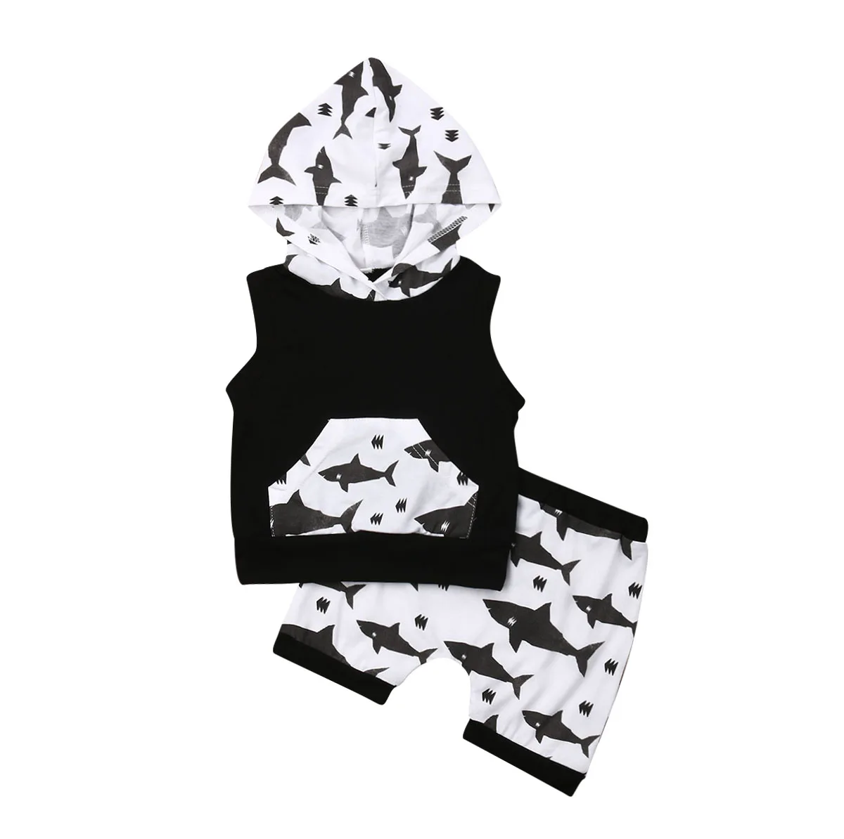 

2Pcs Newborn Toddler Baby Boy Shark Outfits Sleeveless Hooded Tops+Shorts Summer Casual Cotton Clothes 2019 New