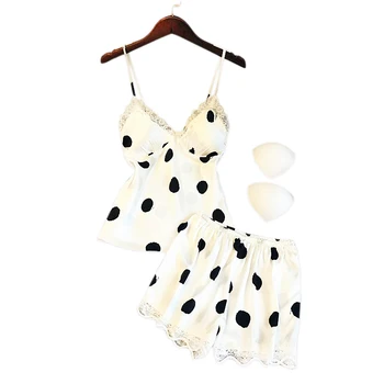 

Sexy sweet Satin silk short pyjamas Women Summer V-Neck Sleepwear polka dot women Pajama Sets Spaghetti Strap Lace homewear