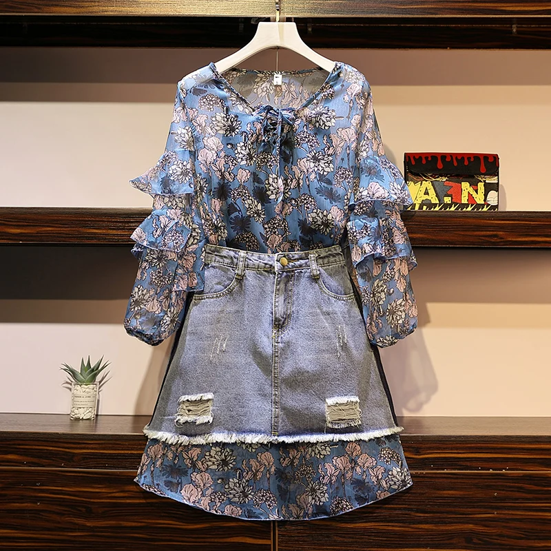 

HAMALIEL Oversize 2 PCS Set 2019 Spring Chiffon Ruffles Print Floral Long Shirt Dress Women Suits + Hole Tassel Denim Skirt Suit
