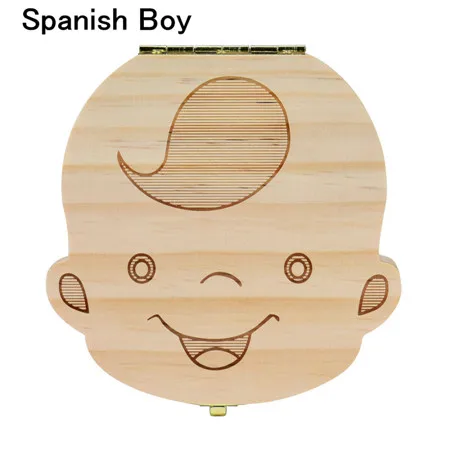 New Tooth shape Box Organizer for Baby Milk Teeth Save Wood Storage case Lanugo Collecting Teeth Gift Spanish/English drop ship - Цвет: Spanish  Boy