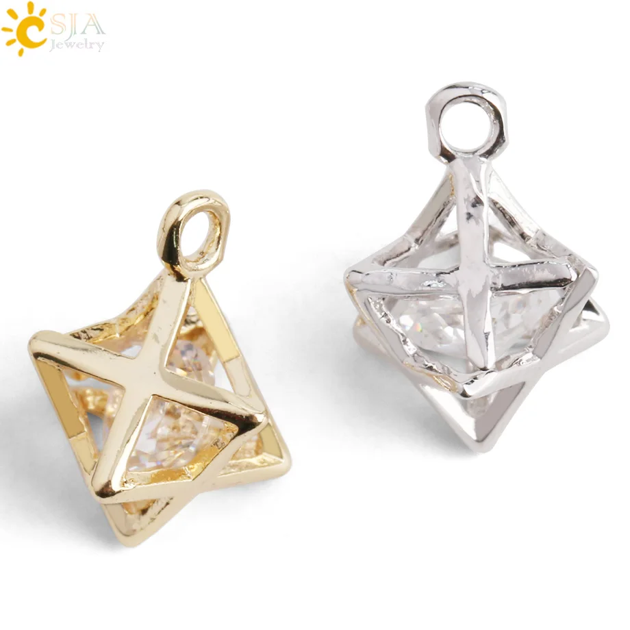 

CSJA Silver Gold Color CZ Beads with Hole for Handmade Jewelry Making Accessories Cubic Zirconia Hexagram Merkaba Charms S428