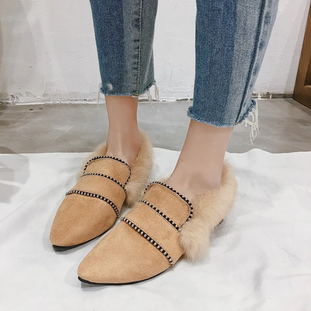 

Pointed Toe Fashion Flock Furry Loafers for Women Rivet Metal Decoration Plush Warm Loafer ShoesSolid Casual Slip on Flats Shoes